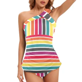 6 COLOR PALLETTE STRIPED Women's One Shoulder Backless Swimsuit (Model S44)